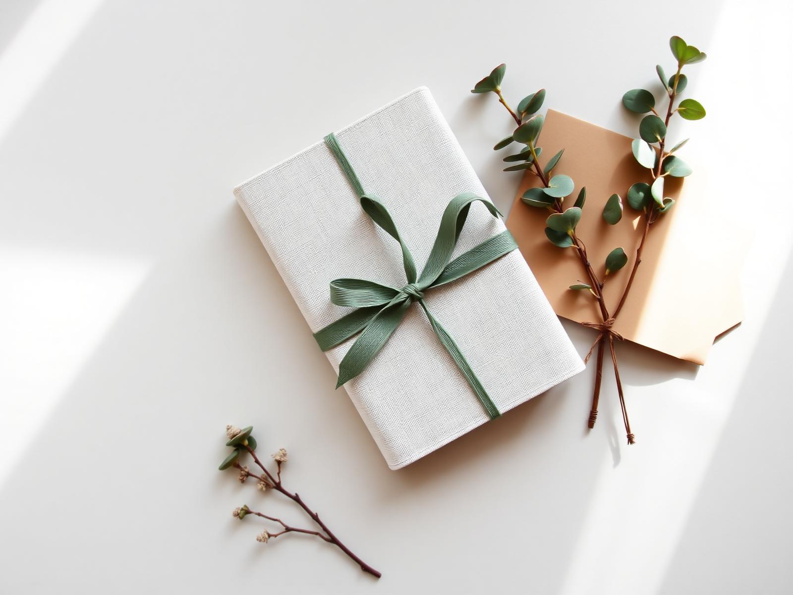 Journal wrapped as a gift with sage ribbon