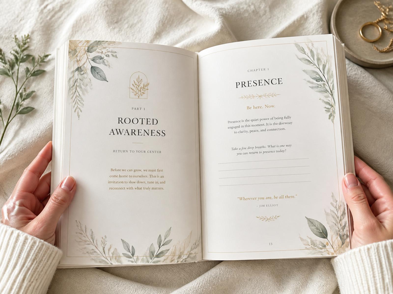 Rooted & Rested journal open on cream linen