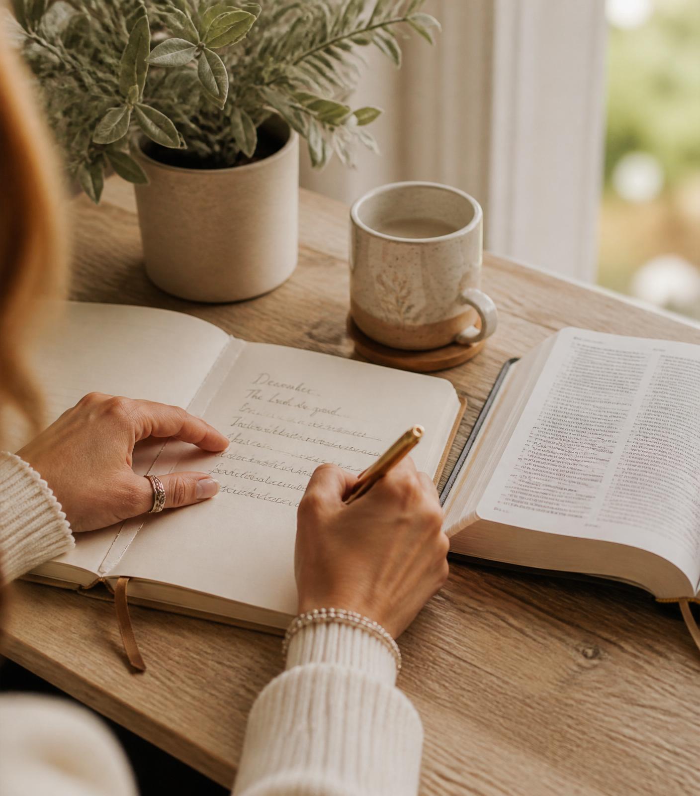 Writing in the journal at a wooden table